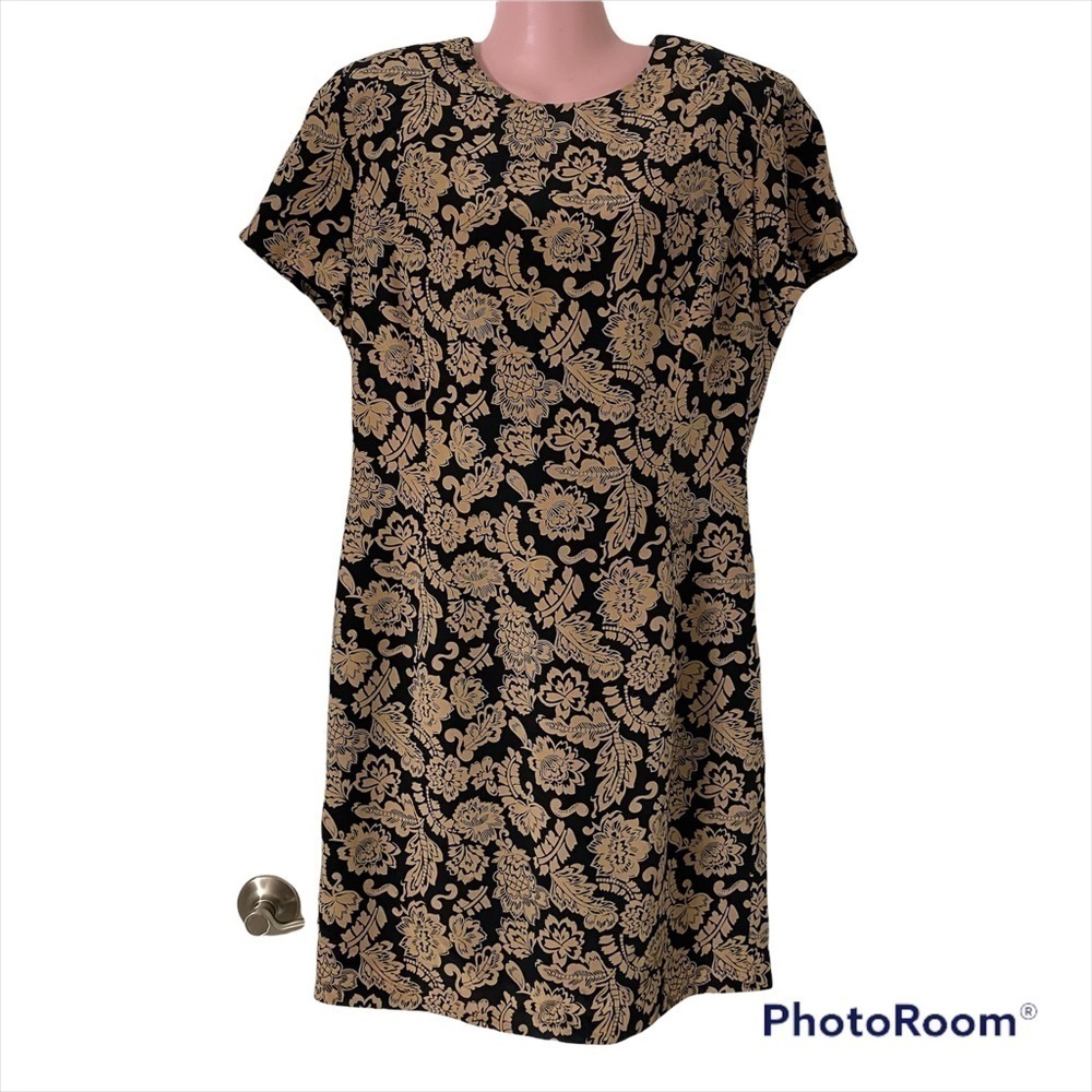Vintage Ann Taylor Women's Dress Size 12 Silk Sheath Shift Brown Black Floral